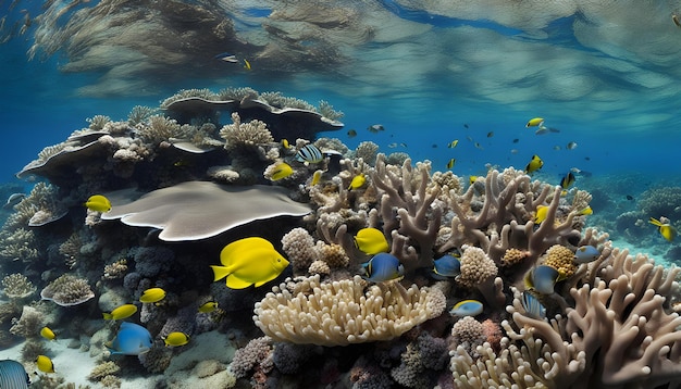 노란 물고기 와 다른 물고기 들 이 있는 산호초