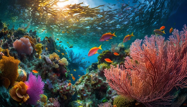 鮮やかな色の魚が漂うサンゴ礁は流れに振り回される