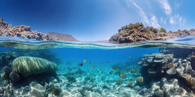 coral reefs with tropical fish near there volcanic island underwater View generative AI