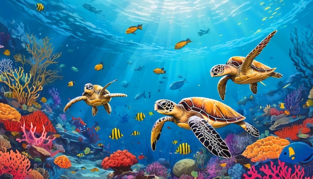 ワイルド・シー・タートルと魚のサンゴのリール 海の水中生物 美しい3
