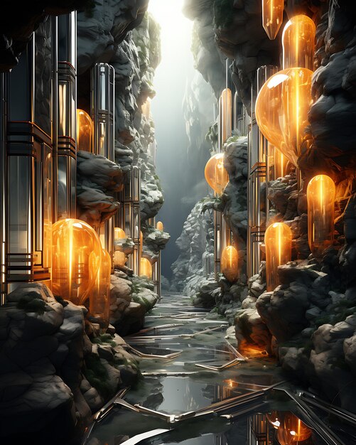 coral rocks inside a forest in the style of futurism photorealistic landscapes light amber