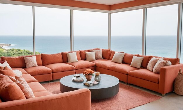 Coral or terracotta living room accent sectional sofa with a big windows with sea view