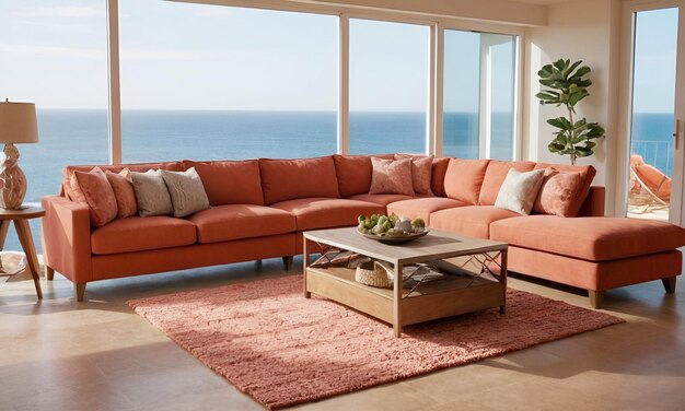 Coral or terracotta living room accent sectional sofa with a big windows with sea view