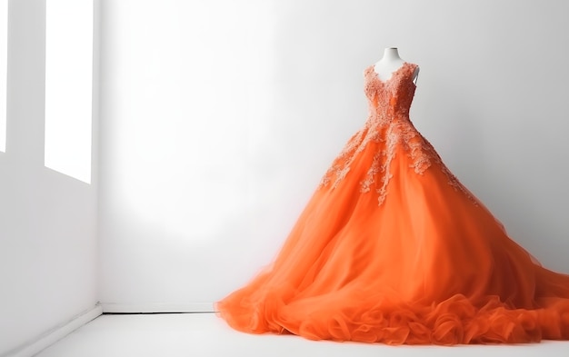 A coral wedding dress with a long train and a long train