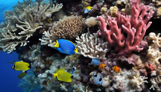 a coral with many tropical fish and corals in the background