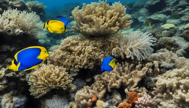 a coral with a yellow and blue fish and anemone