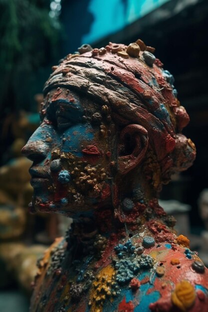 CoralEncrusted Ancient Sculpture Head in onderwateromgeving