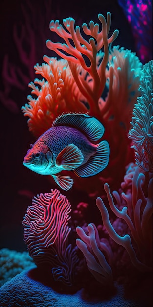 Corals background realistic fishes neon colours