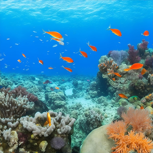 透き通った青い海の下に広がるサンゴと魚たち