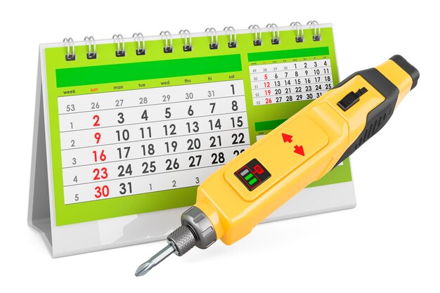 Foto screwdriver senza fili, screwdriver elettrico con calendario da scrivania, rendering 3d isolato su sfondo bianco