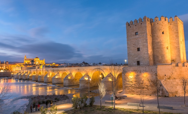 Cordoba, Spanje, oude stad gezien vanaf de rivier bij zonsondergang.