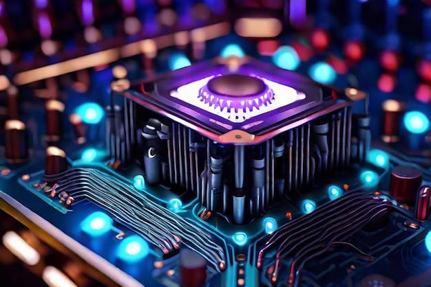 Photo core of artificial intelligence processor and magic light inside machine