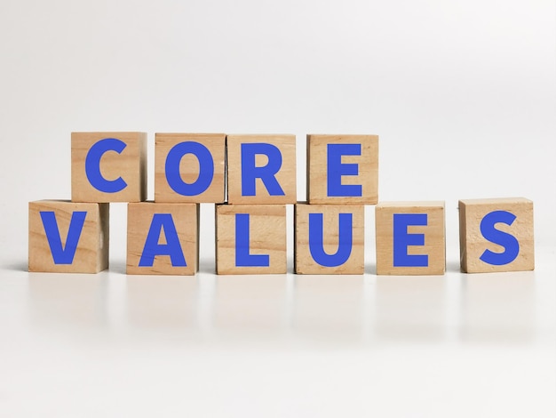 Photo core values concept on wooden cubes against white background.