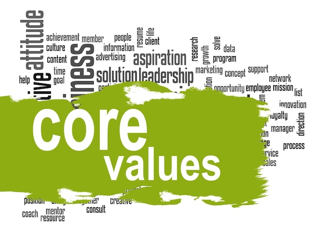 Photo core values word cloud with green banner