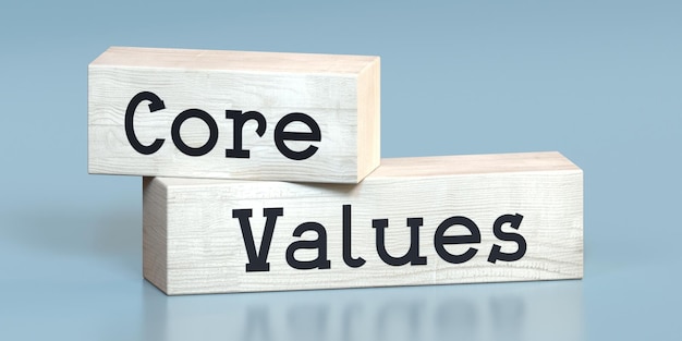 Core values words on wooden blocks 3D illustration