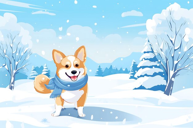 Photo corgi in a blue scarf poses against the backdrop of a winter forest horizontal illustration