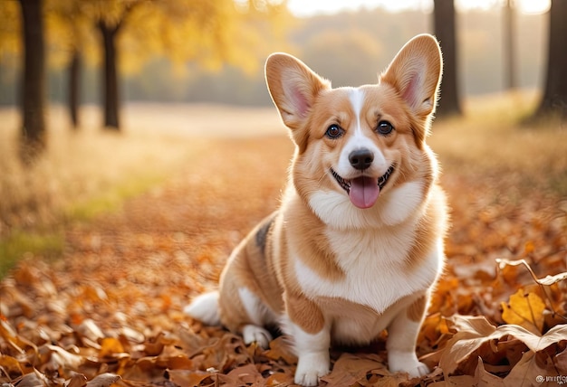 秋の公園のコルギー犬