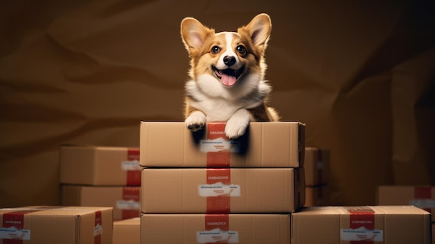 Corgi dog in cardboard boxes for moving Created with Generative AI technology