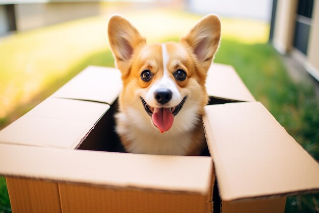 Photo corgi dog in cardboard boxes for moving generative by ai