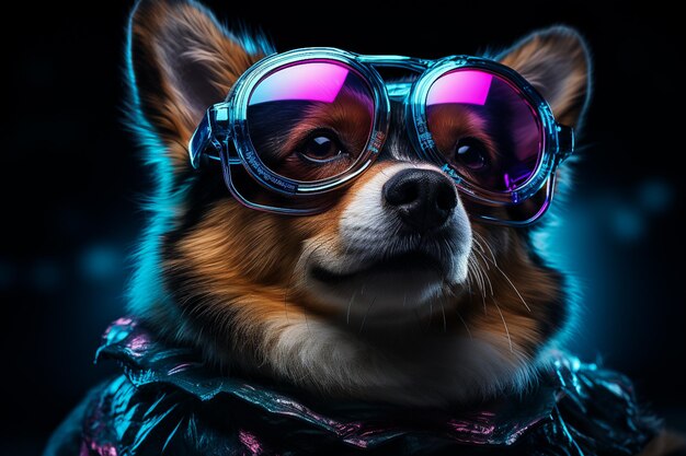 Corgi dog in cyber glasses neon light