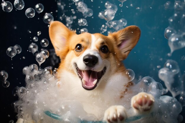 Photo corgi dog having fun with bubbles in the park generative by ai