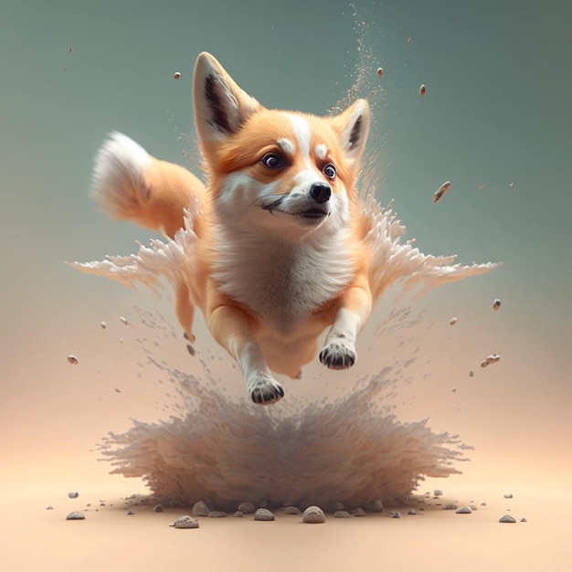 A corgi dog is jumping out of a water filled hole