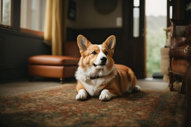 コルギ犬が床に横たわって窓の外を見ている