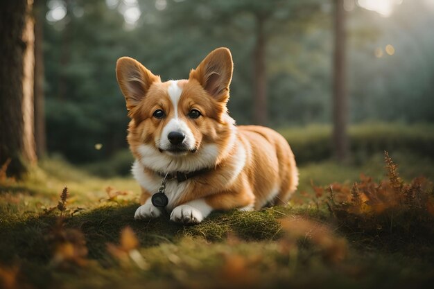 a Corgi dog is laying on a mossy ground in the woods