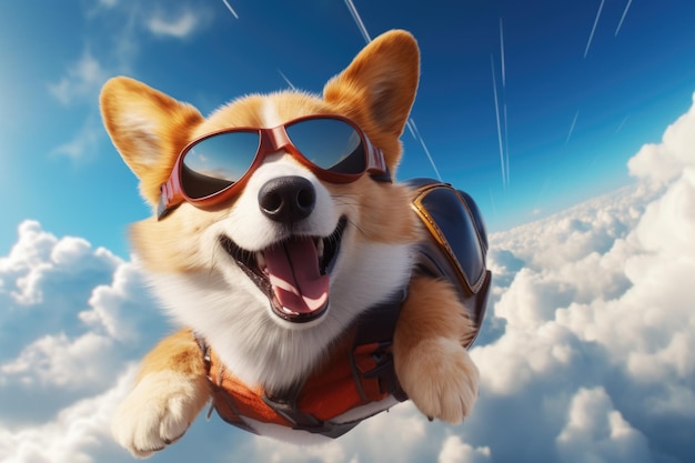 Photo a corgi dog jumps with a parachute