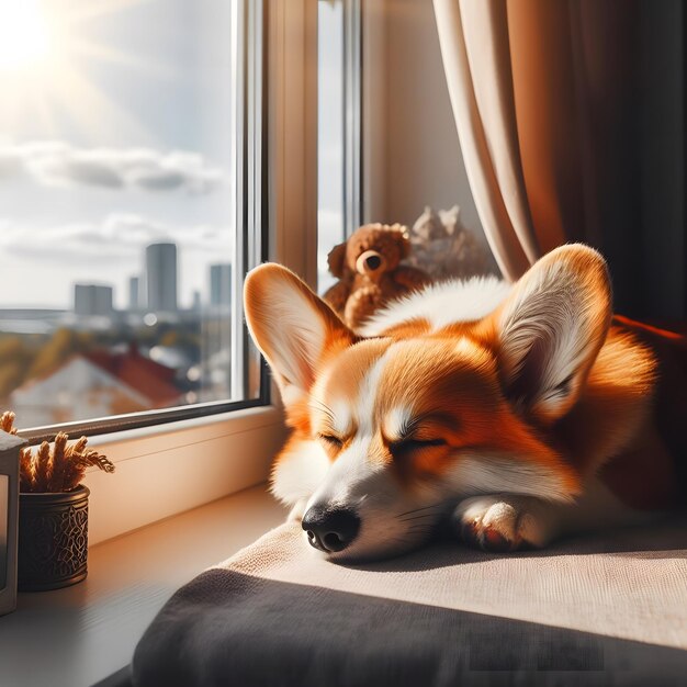 コルギ犬は窓のそばに横たわって太陽の下で眠る