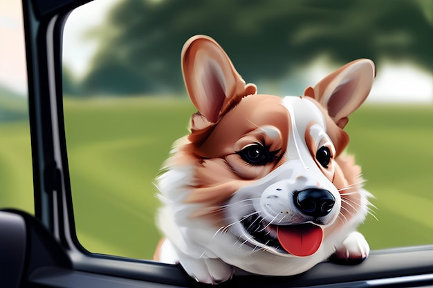 Corgi dog looks out of the car window banner space for close up