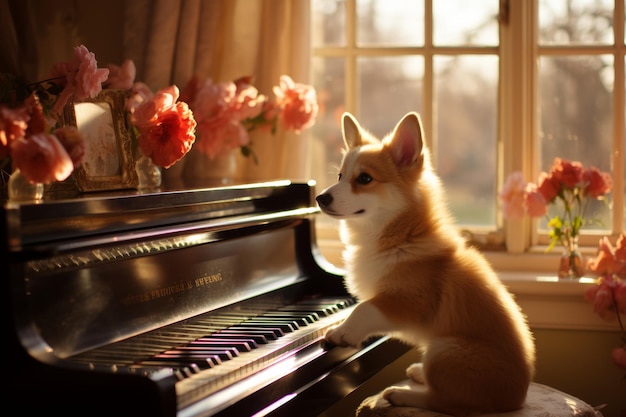 写真 晴れた日に明るい部屋でピアノを弾くコルギ犬面白い動物可愛いペットの作曲