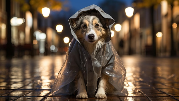 Corgi dog in a raincoat on the street at night