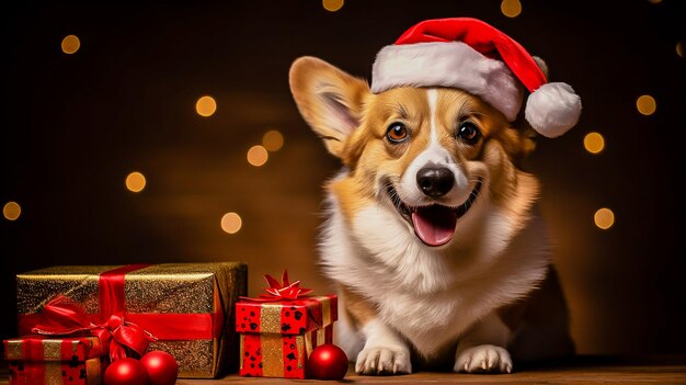 サンタの帽子をかぶったコルギ犬が新年の贈り物と一緒にスタジオの赤い背景にテキストバナー用のスペース