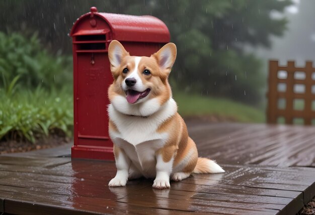 Photo a corgi dog sitting on a wooden path in the rain with a red mailbox in the background and water dro