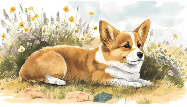 Corgi dog smile and happy in meadow flowers in spring Generative AI