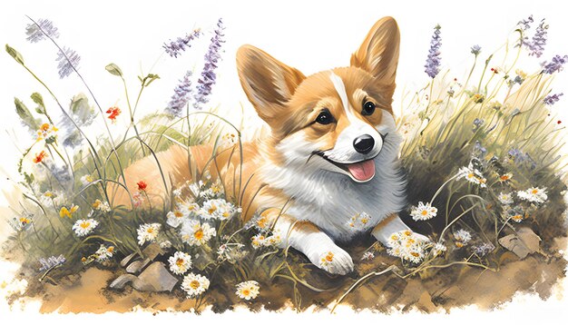 Corgi dog smile and happy in meadow flowers in spring Generative AI