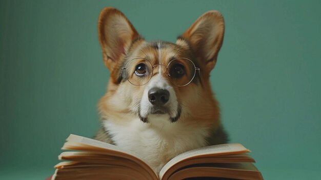 Corgi Dog Wearing Glasses Focused On An Open Book Exam Preparation and Graduation AI Generated