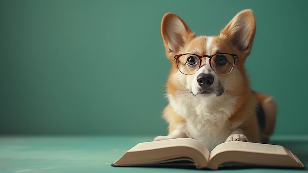 Corgi Dog Wearing Glasses Focused On An Open Book Exam Preparation and Graduation AI Generated