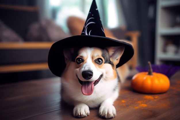 コルギ犬はハロウィーンに魔女帽子をかぶっている