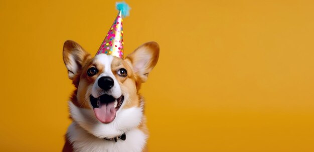 Corgi dog wearing a party hat