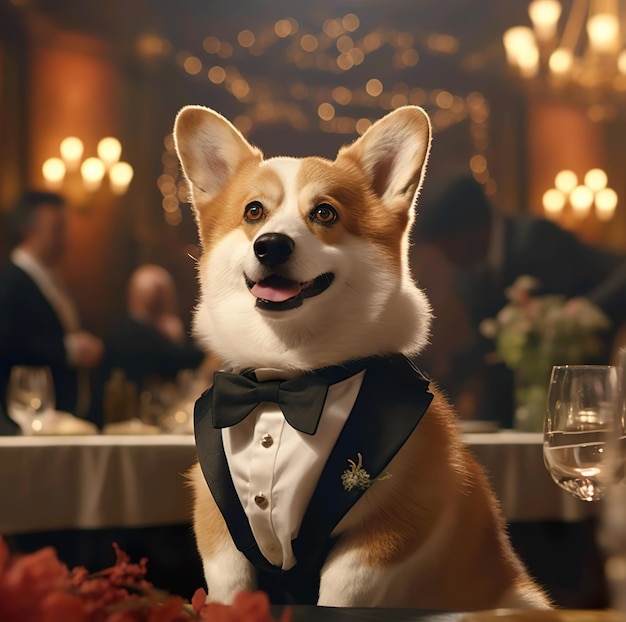 A corgi dog wearing a tuxedo sits at a table with a wine glass in the background