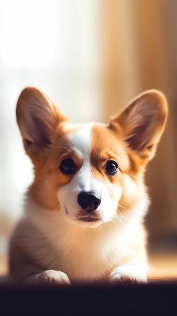 A corgi dog with a white face and black eyes