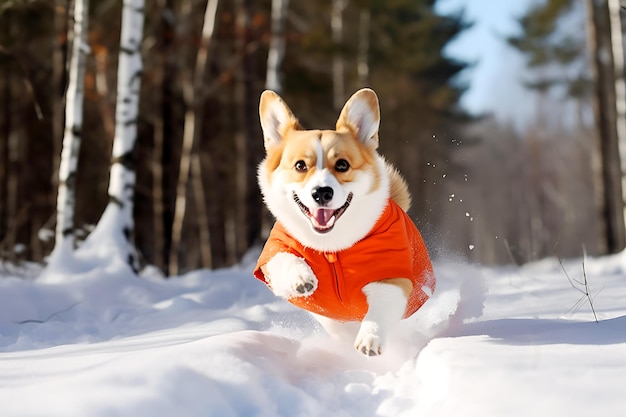 Photo corgi dressed in an orange jacket runs along a snowy path while walking in the forest