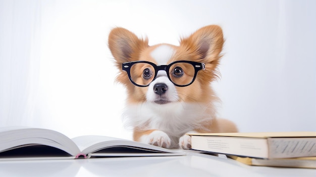 Photo corgi funny dog and book cute pet with glasses