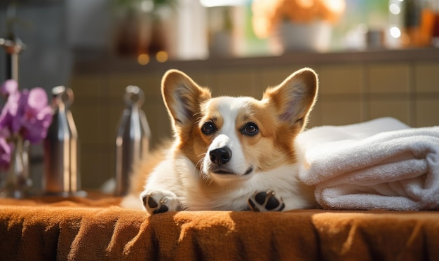 Corgi geniet van een zonnige spa-dag, ontspannend op een deken met bloemen in de buurt van AI generatief