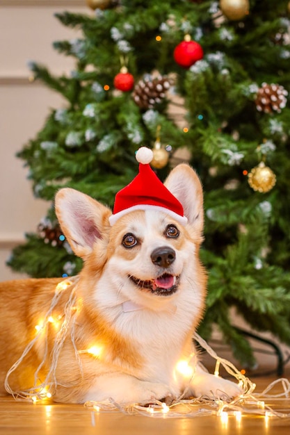 Corgi-hond met een kerstmanhoed tegen de achtergrond van een kerstboom