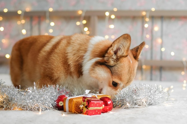 Corgi-hond met geschenken en kerstversieringen tegen de achtergrond van slingerlichten. Nieuwjaar