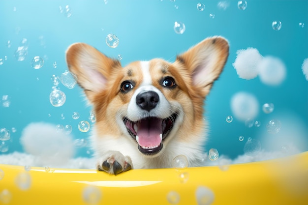 Corgi-hond neemt een bad met schuim en bubbels gegenereerd ai