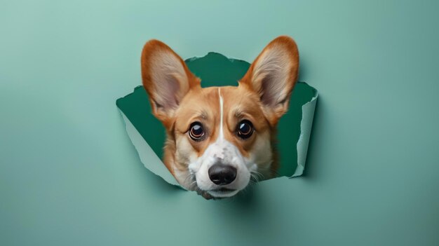 Foto corgi kijkt door een gat in het papier.